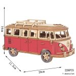 Mini van de puzzle 3D em madeira com detalhes em vermelho e rodas de plástico, vista lateral com dimensões indicadas.