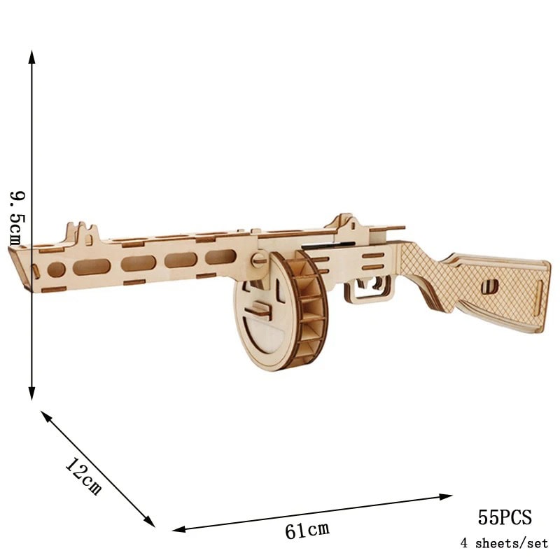 Puzzle 3D Pistola PPSh-41 em madeira Modelo de pistola 3D em madeira com detalhes detalhados, incluindo o tambor e o cano, medindo aproximadamente 61cm de comprimento.