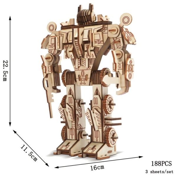 Robô de madeira em 3D com detalhes gravados, altura de 22,5cm, base de 16cm, com várias peças e rodas.