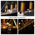 Detalhes do modelo de navio Titanic em escala 3D com iluminação que realça as janelas e estruturas do casco.