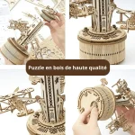 Peças de madeira do puzzle 3D de uma torre de aviação, detalhes de componentes e montagem, vista de diferentes ângulos.