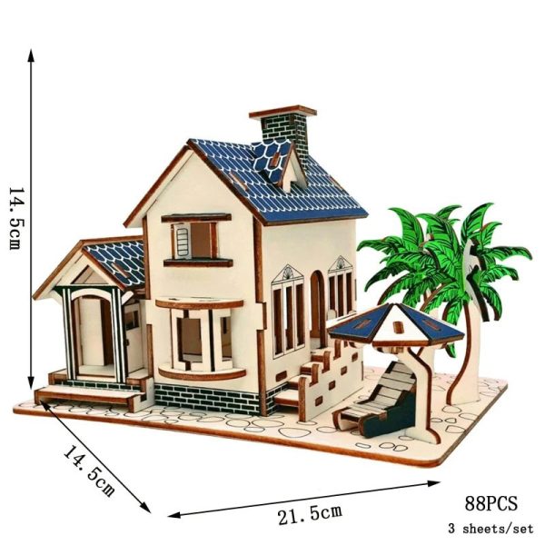 Casa de jardim em miniatura com telhado azul, árvores verdes e mobiliário de exterior, vista lateral e superior.