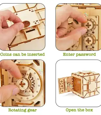 Demonstração do cofre de puzzle com moedas, senha, engrenagem rotativa e abertura da caixa em diferentes etapas.