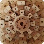 Peças de quebra-cabeças com números de 1 a 50, dispostas em círculos concêntricos, com diferentes cores e tamanhos, formando um padrão organizado.