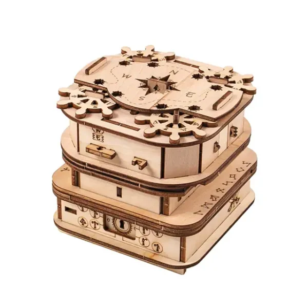Conjunto de três camadas de puzzle de madeira com símbolos, números e letras, usado para jogos de lógica e escape game.
