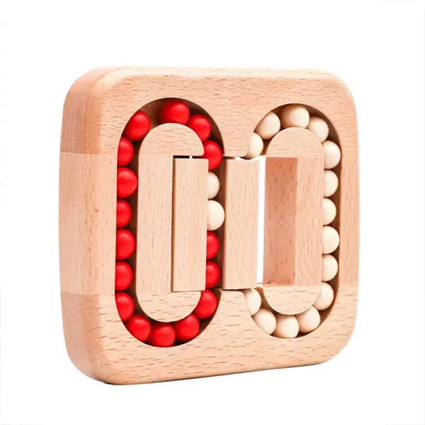 Quebra-cabeças de bolas de madeira vermelhas e brancas, formando um padrão de letras com encaixe.