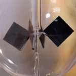 Radiómetro de Crookes com hélices brancas e pretas dentro de uma ampola de vidro transparente, iluminado por luz.
