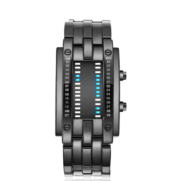 Relógio binário com visor digital e botões laterais, mostrador com LEDs azuis e brancos, pulseira metálica preta, design futurista e tecnológico.