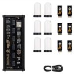 Placa de circuito com componentes eletrônicos, seis lâmpadas de plasma, oito cartões de memória e cabo USB para montagem de projeto científico.