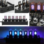 Conjunto de tubos Nixie exibindo números em diferentes cores e ângulos, incluindo close-up de detalhes internos e montagem.