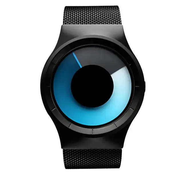 Relógio com mostrador circular de design moderno, fundo preto e detalhes azuis, pulseira de malha preta, estilo minimalista e tecnológico.