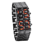 Relógio de pulso com bracelete de metal preto e display LED vermelho aceso, mostrando horas. Design futurista e elegante para uso casual ou formal.