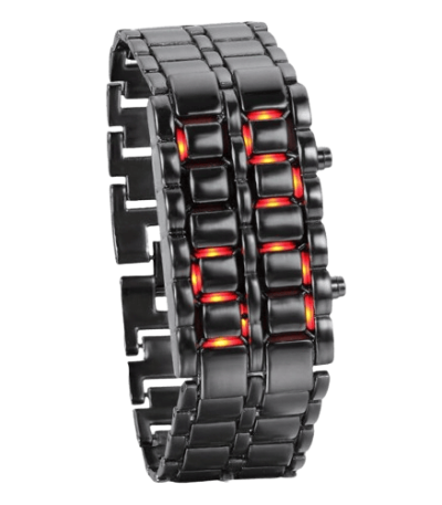 Relógio de pulso com bracelete de metal preto e display LED vermelho aceso, mostrando horas. Design futurista e elegante para uso casual ou formal.