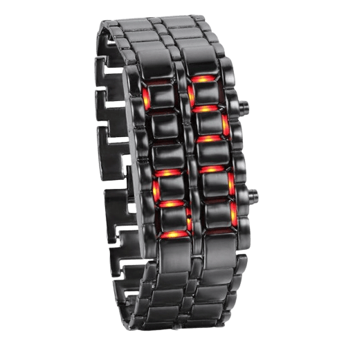 Relógio de pulso com bracelete de metal preto e display LED vermelho aceso, mostrando horas. Design futurista e elegante para uso casual ou formal.