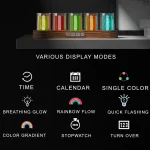 Vários modos de exibição do relógio LED Nixie, incluindo calendário, cores únicas e fluxo de arco-íris, com botões de controlo.