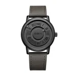 Relógio com mostrador de esferas magnéticas e números romanos, pulseira de couro cinza escuro, design moderno e minimalista.