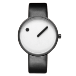 Relógio com mostrador minimalista, ponteiro único e esfera branca, pulseira preta de couro, sem números, estilo contemporâneo.