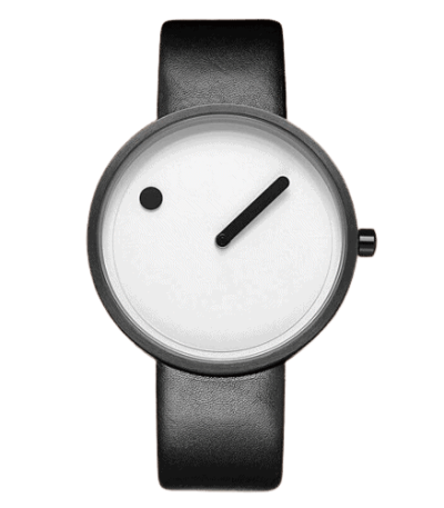 Relógio com mostrador minimalista, ponteiro único e esfera branca, pulseira preta de couro, sem números, estilo contemporâneo.