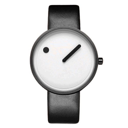 Relógio com mostrador minimalista, ponteiro único e esfera branca, pulseira preta de couro, sem números, estilo contemporâneo.