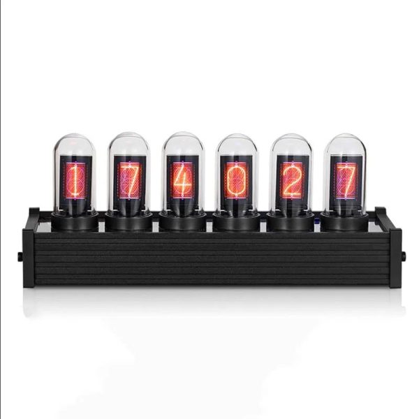 Seis tubos Nixie exibindo números de 0 a 9, montados em uma base preta, com luzes vermelhas e detalhes vintage.