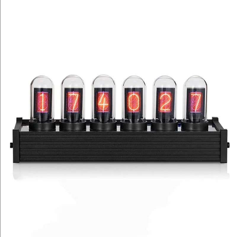 Seis tubos Nixie exibindo números de 0 a 9, montados em uma base preta, com luzes vermelhas e detalhes vintage.