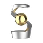 Spinner cinético com esfera dourada no centro, envolvido por estrutura metálica prateada em forma de espiral, destacando-se pelo design moderno e movimento.