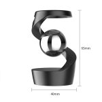 Spinner cinético com design moderno, esfera central e base curva, medindo 65mm de altura e 40mm de largura, feito de plástico preto.