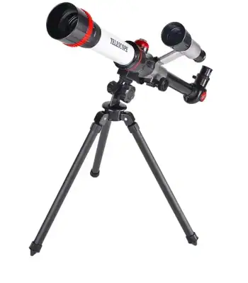 Telescópio com tripé ajustável, lente grande e acessórios para observação celeste, ideal para iniciantes em astronomia.