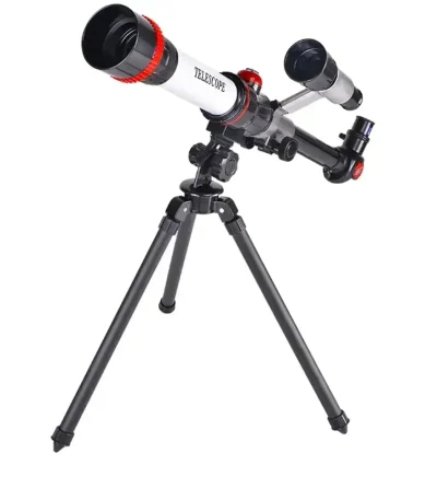 Telescópio com tripé ajustável, lente grande e acessórios para observação celeste, ideal para iniciantes em astronomia.