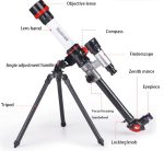 Telescópio com várias partes identificadas, incluindo lente objetiva, espelho de zenite, tripé e focador, usado para observação astronómica.