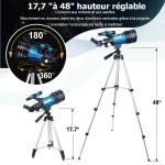 Telescópio azul com tripé ajustável, mostrando movimento horizontal e vertical, com indicações de altura e alcance de 17,7 e 48 polegadas.