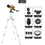 Telescópio com tripé, acessórios incluindo suporte para telefone, espelho de 45 graus, filtro lunar, lentes, e banda de membrana.
