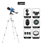 Telescópio com tripé, acessórios incluindo filtro lunar, espelho de 45 graus, suporte para telefone, controle remoto, lentes e película de proteção.