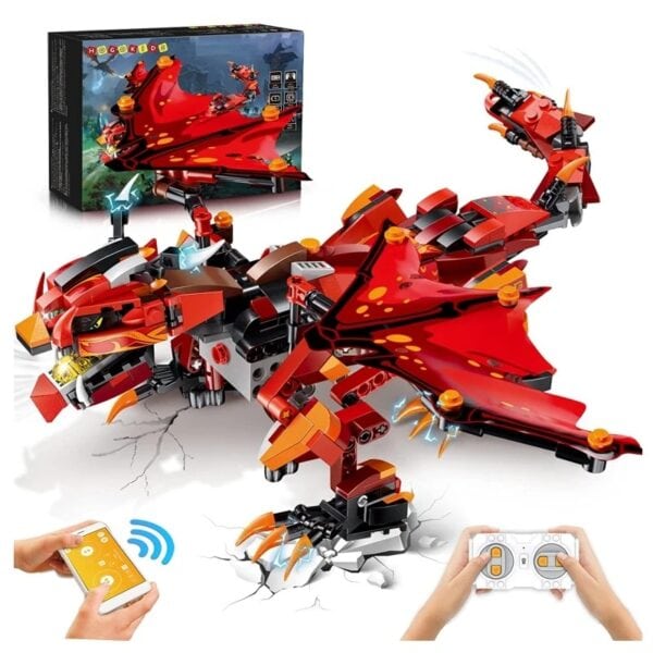 Robô de dragão vermelho com asas articuladas, garras e cauda, controlado por telemóvel e com caixa de embalagem ao fundo.