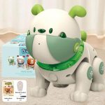 Robô de bebé com cabeça redonda, orelhas verdes, visor de rosto e corpo de cão, em cores branco e verde, com controle remoto e instruções ao lado.