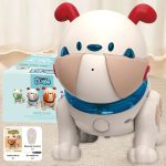 Robô de brinquedo com corpo de cão, cabeça redonda com orelhas vermelhas, olhos azuis e uma caixa de controle remoto ao lado.