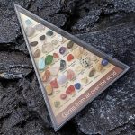 Expositor com várias pedras minerais de diferentes cores e tamanhos, cada uma identificada com nome.