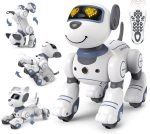 Robô cão com design futurista, olhos digitais, várias posições de movimento e controlo remoto incluído, ideal para brinquedos educativos.
