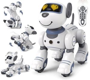 Robô cão com design futurista, olhos digitais, várias posições de movimento e controlo remoto incluído, ideal para brinquedos educativos.