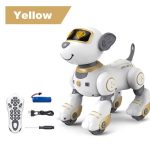 Cão robô com corpo branco, detalhes dourados, cabeça com visor digital amarelo, acompanha comando remoto, bateria e carregador.