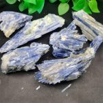 Vários fragmentos de Cianite Azul em bruto, com textura cristalina e cores que variam do azul claro ao escuro, sobre fundo escuro com elementos verdes decorativos.