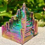 Cristal de Bismuto com estrutura em escadas e cores iridescentes, colocado ao ar livre com vegetação ao fundo.