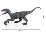 Dinossauro robô com corpo articulado, cabeça detalhada, cauda longa e rodas para movimento, com detalhes em azul e preto.