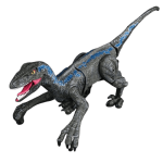 Dinossauro robô com detalhes em azul e preto, com cabeça articulada e cauda móvel, controlado por telecomando.