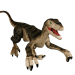 Dinossauro robô com escamas detalhadas, olhos verdes e boca aberta, mostrando dentes, com membros articulados e cauda longa, em posição de ataque.