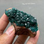 Cristal de Dioptase verde escuro com forma cristalina, visto de lado, com detalhes de sua estrutura mineral.
