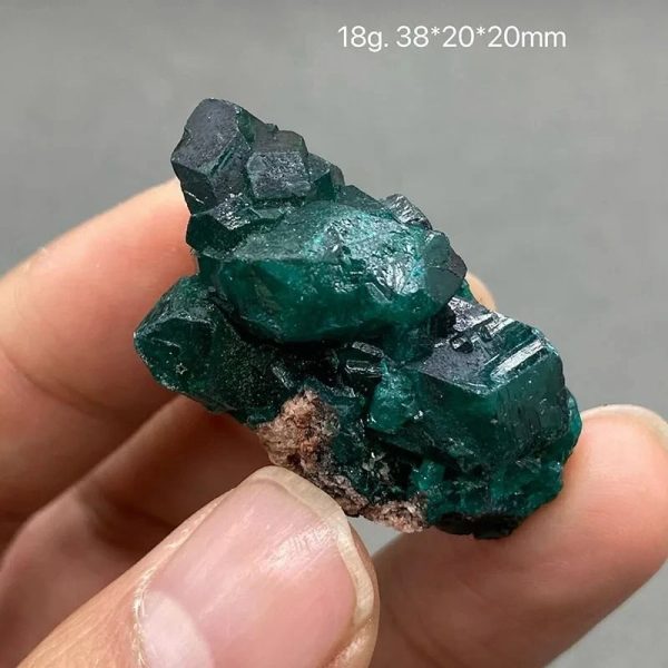 Cristal de Dioptase bruto com forma irregular, cor verde vibrante e superfície brilhante, medindo 38x20x20mm.