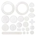 Conjunto de peças transparentes para espirógrafo, incluindo régua, discos de diferentes tamanhos e formas, usados para criar desenhos geométricos.