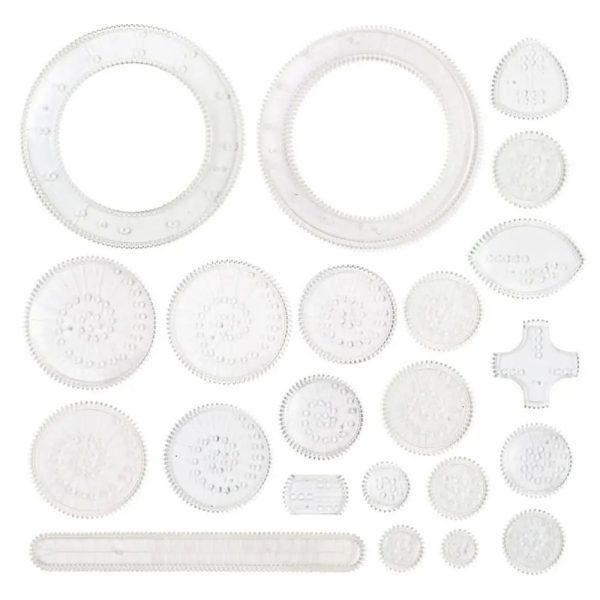 Conjunto de peças transparentes para espirógrafo, incluindo régua, discos de diferentes tamanhos e formas, usados para criar desenhos geométricos.