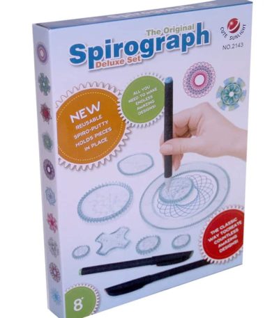 Conjunto de espirógrafos com várias peças coloridas, incluindo moldes, suportes e ferramentas, para criar desenhos geométricos.